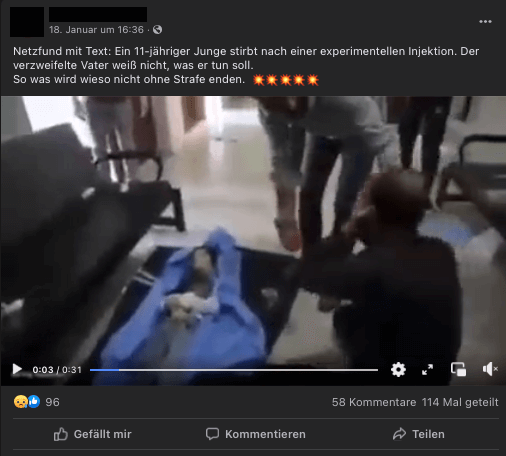 In Sozialen Netzwerken verbreitet sich ein Video mit der Behauptung, es zeige einen Jungen, der nach einer „Injektion“ ums Leben kam. Das stimmt nicht.