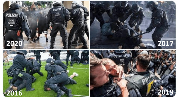 Vier Fotos von Polizeieinsätzen gegen vermeintliche Demonstranten. Sie sind jedoch alle mehrere Jahre alt und haben nichts mit Corona-Demonstrationen zu tun.