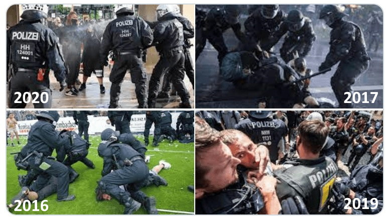 Vier Fotos von Polizeieinsätzen gegen vermeintliche Demonstranten. Sie sind jedoch alle mehrere Jahre alt und haben nichts mit Corona-Demonstrationen zu tun.
