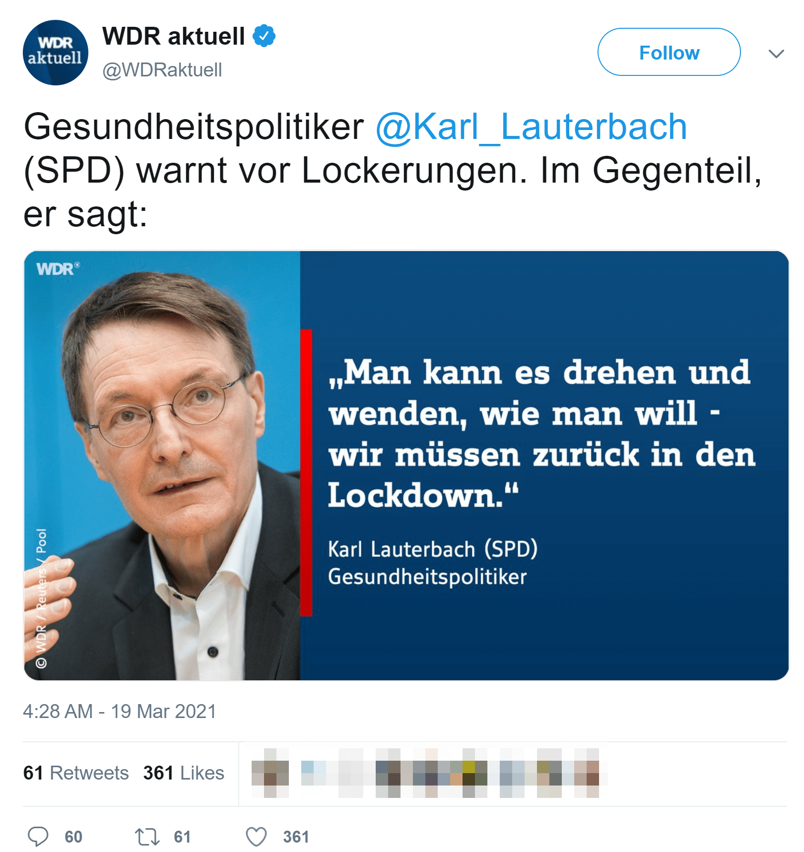 Ein Twitter Beitrag des WDR wurde verändert und mit dem falschen Zitat versehen