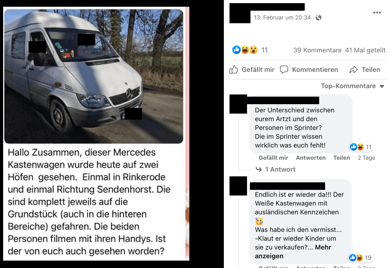 Facebook-Beitrag über den weißen Transporter