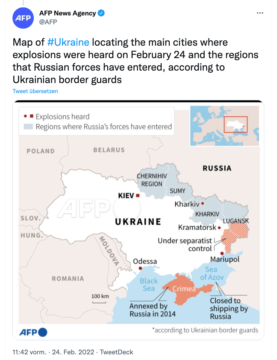 Diese Karte der Nachrichtenagentur AFP vom 24. Februar zeigt, aus welchen ukrainischen Städten Explosionen gemeldet wurden (Quelle: Twitter; Screenshot: CORRECTIV.Faktencheck)