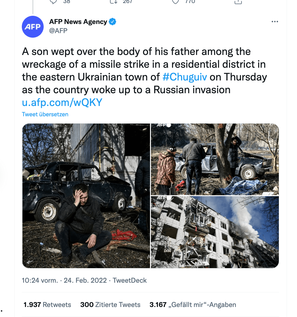 Bilder, die die AFP im Zusammenhang mit einem Raketenangriff auf ein Wohnhaus in der Stadt Tschuhujiw am Morgen des 24. Februar 2022 veröffentlichte (Quelle: Twitter; Screenshot: CORRECTIV.Faktencheck)