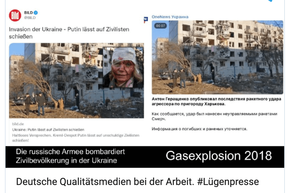 Diese irreführende Collage verbreitet sich aktuell in deutschsprachigen Telegram-Kanälen im Zusammenhang mit einem russischen Raketenangriff, der ein Wohnhaus in der Oblast Kharkiw getroffen hat (Quelle: Telegram; Screenshot: CORRECTIV.Faktencheck)