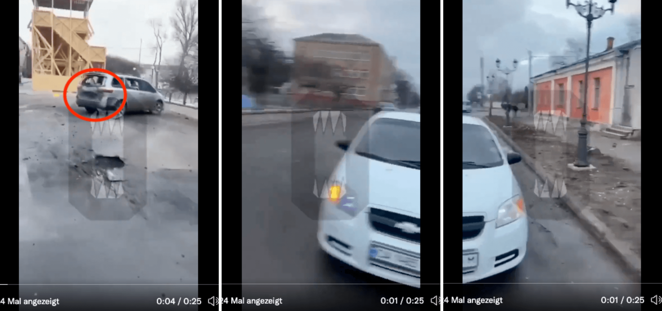 Die Collage zeigt verschiedene Ausschnitte eines Handy-Videos, das eine Person vor Ort nach dem Einschlag in Uman gefilmt hat. Rot markiert ist das beschädigte Auto. (Quelle: Twitter; Screenshots und Collage: CORRECTIV.Faktencheck)