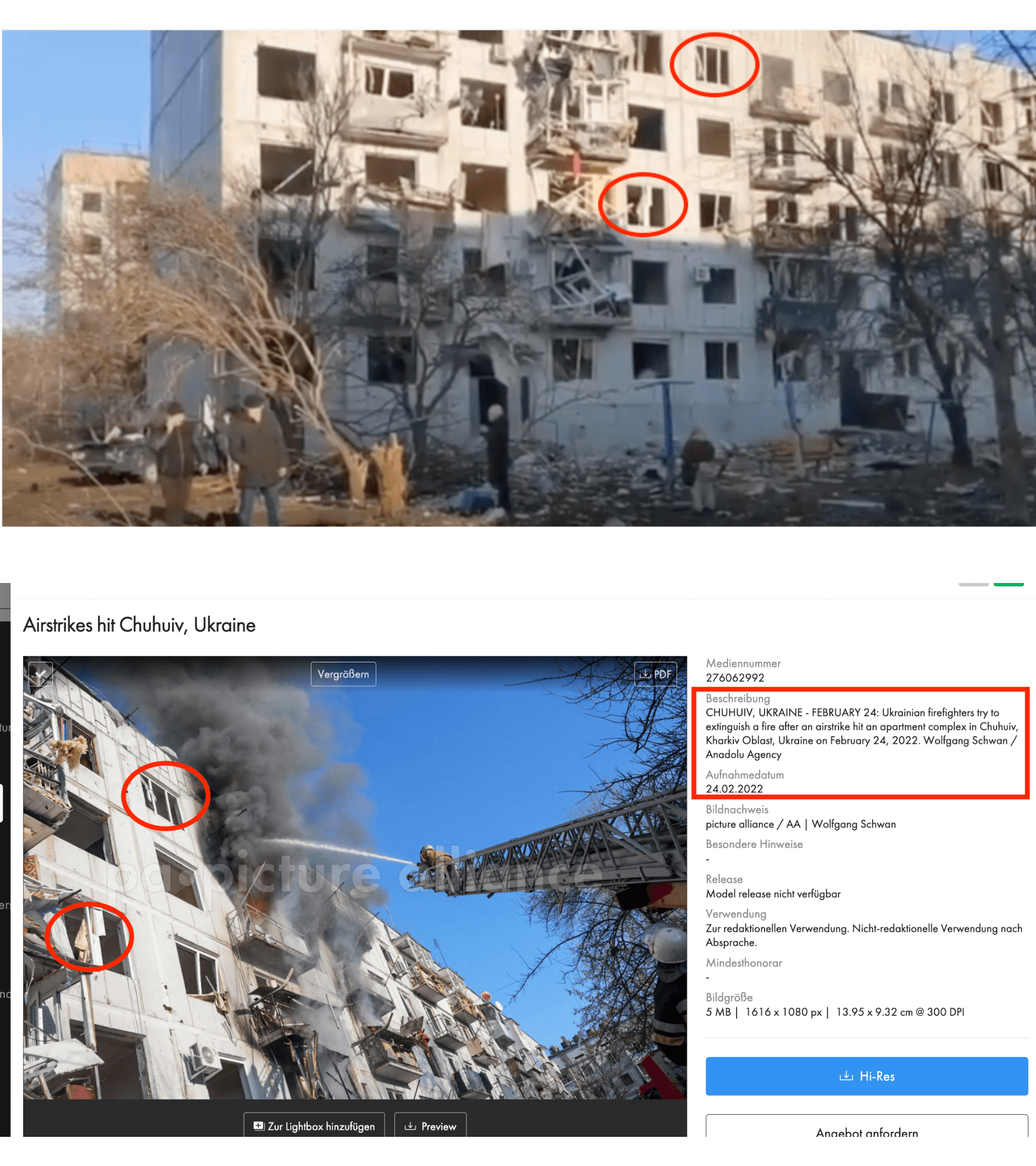 Ein Vergleich des geteilten Fotos (oben) mit einem Foto der Bildagentur Picture Alliance der DPA (unten) belegt ebenfalls, dass hier das Wohnhaus nach dem Angriff am 24. Februar 2022 zu sehen ist (Quelle: Telegram / Picture Alliance; Screenshots und Markierungen: CORRECTIV.Faktencheck)