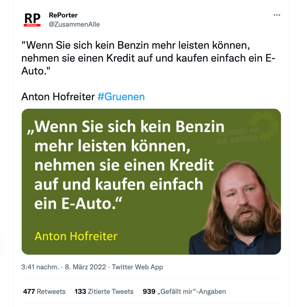 Im Netz kursiert dieses angebliche Zitat von Anton Hofreiter. Doch es ist frei erfunden. (Quelle: Twitter; Screenshot: CORRECTIV.Faktencheck)