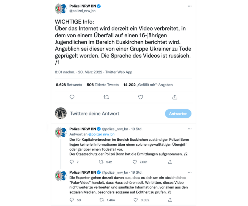 Die Polizei Bonn erklärt auf Twitter, dass kein Vorfall bekannt sei, wonach ein 16-Jähriger von Geflüchteten aus der Ukraine in Euskirchen verprügelt worden sei (Quelle: Twitter; Screenshot am 21. März: CORRECTIV.Faktencheck)