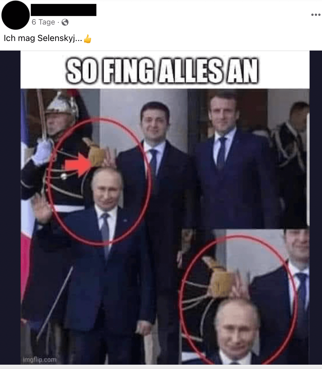 Fotomontage von Putin, Selenskyj und Macron, die auf Facebook kursiert