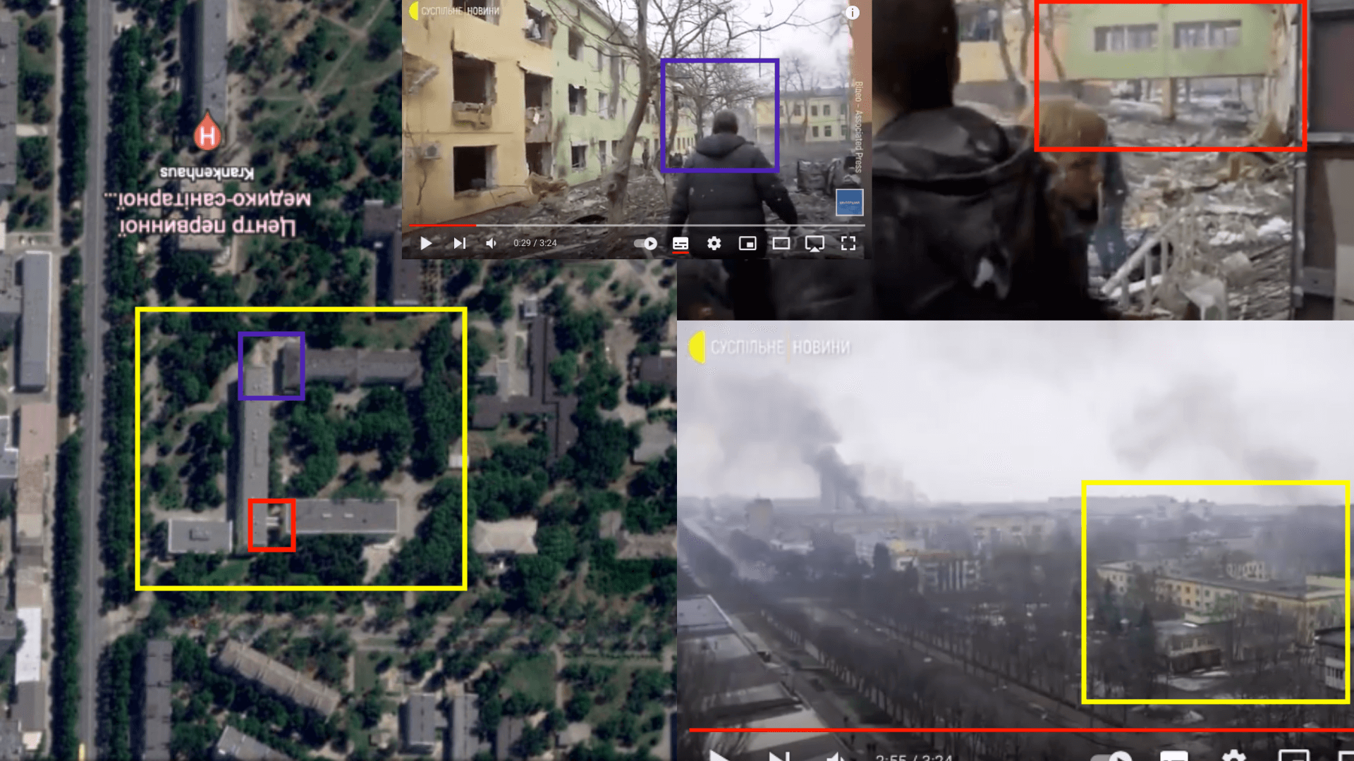 Collage verschiedener Bilder der Gebäude nach dem Angriff