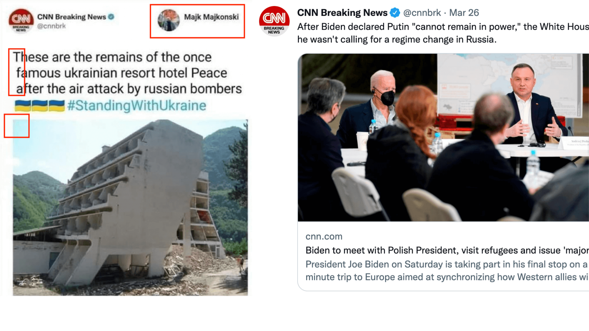 Links: der gefälschte Tweet, der auf Facebook verbreitet wird, rechts: Ein echter Tweet des Twitter-Accounts von CNN Breaking News