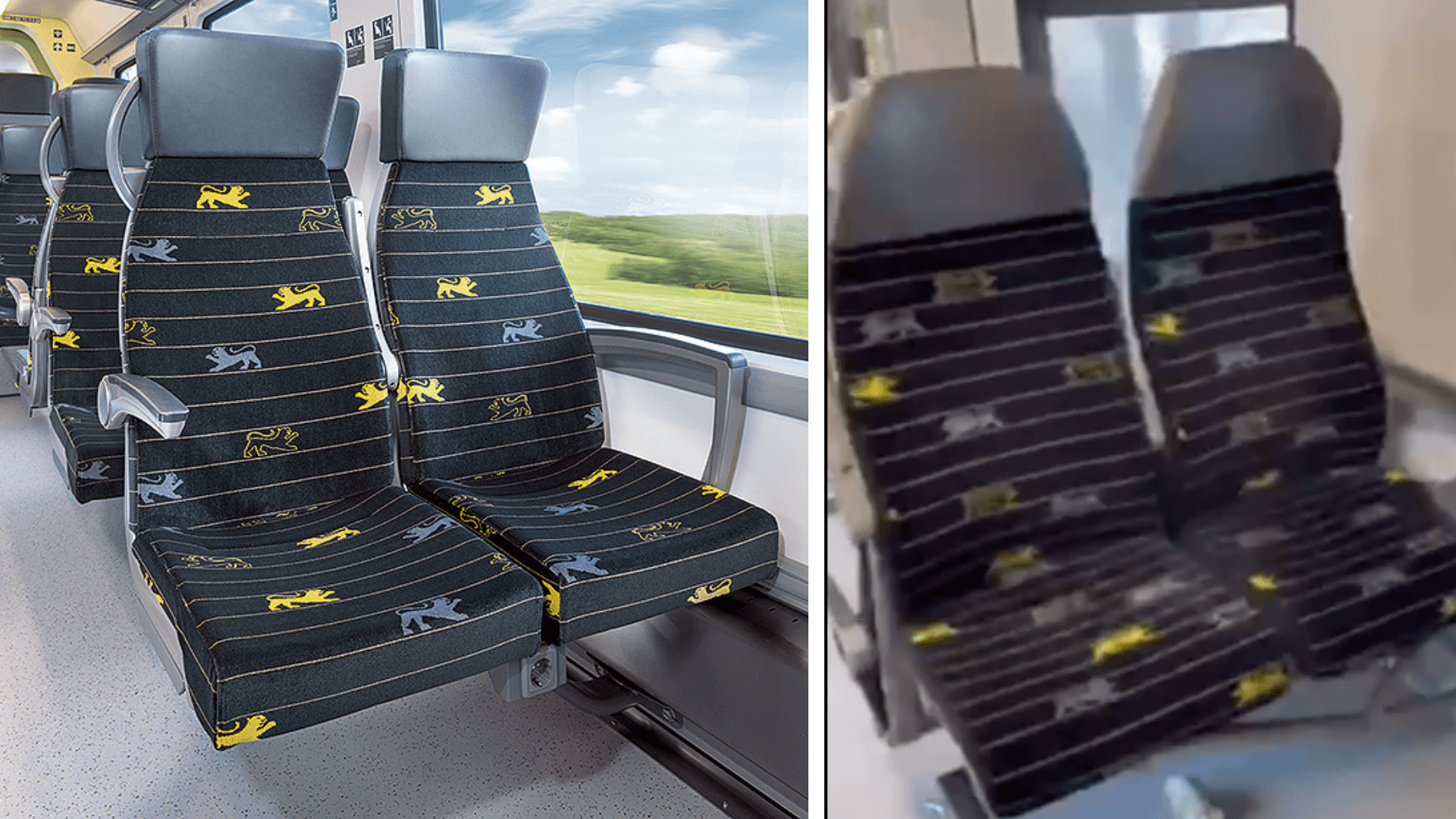 Links ist eine Abbildung der Sitze in einem Zug der Marke „bwegt“ aus Baden-Württemberg zu sehen, rechts die Aufnahme der Sitze aus dem Whatsapp-Video