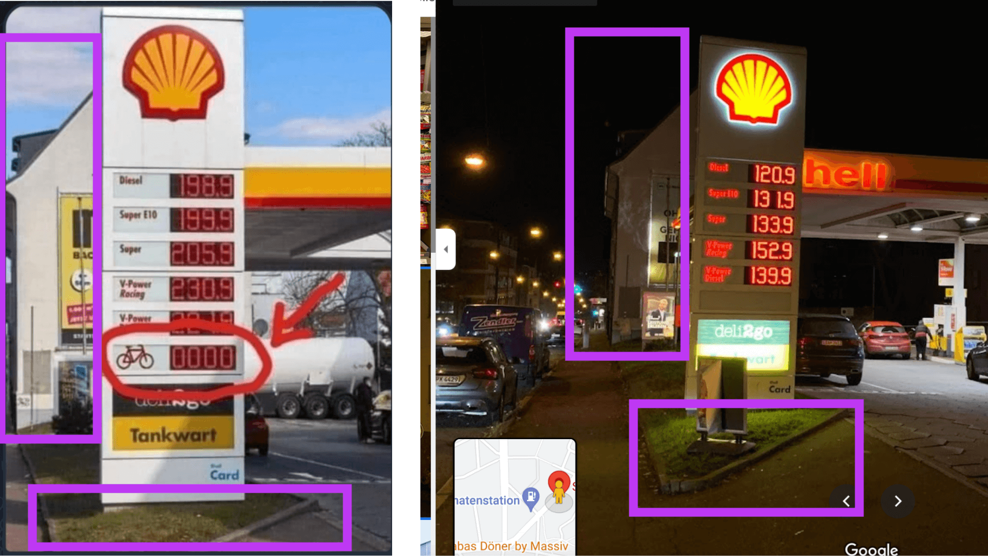 Links das aktuell verbreitete Bild, rechts ein Foto der Stuttgarter Shell-Tankstelle bei Google von 2019 (Quelle: Telegram / Google; Screenshot und lila Markierungen: CORRECTIV.Faktencheck)