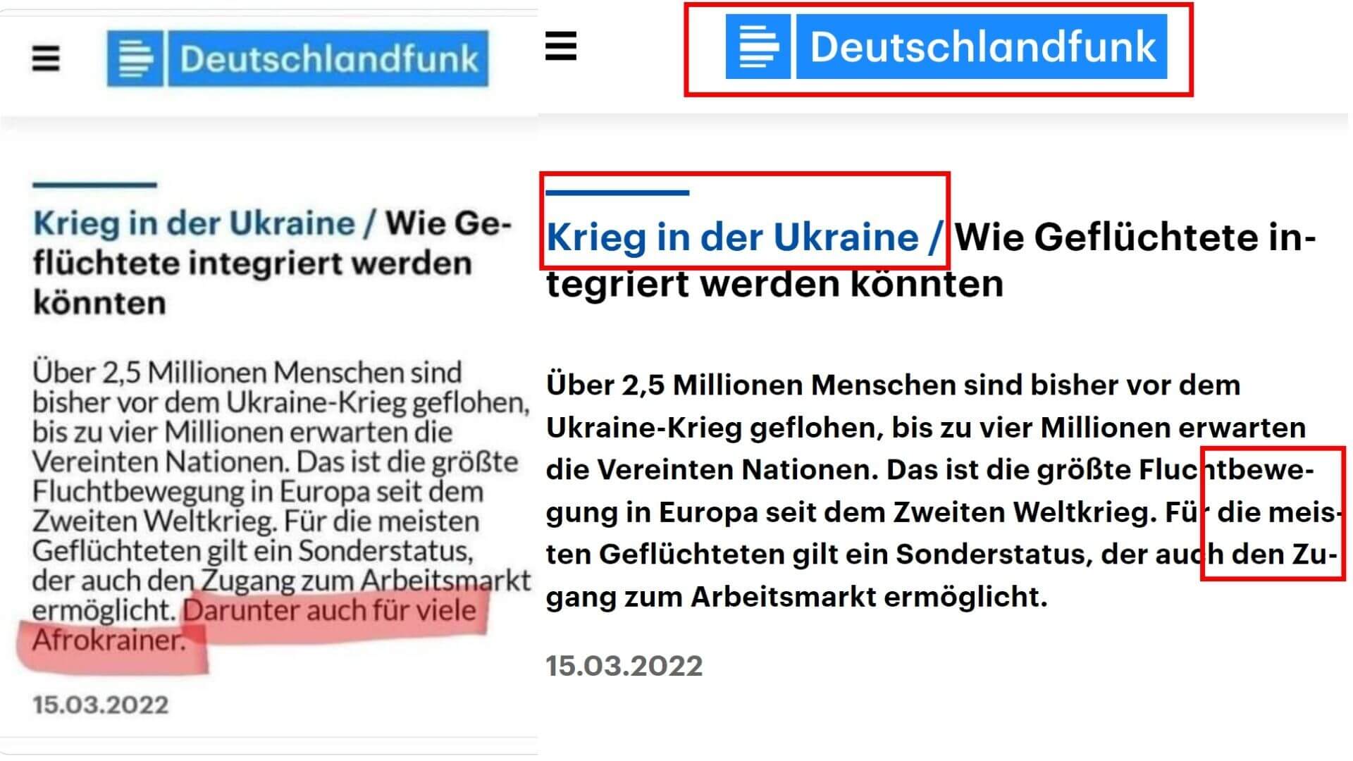Ein Vergleich der Aufnahme, die in Sozialen Netzwerken kursiert (links), mit der Webseite des Deutschlandfunks 
