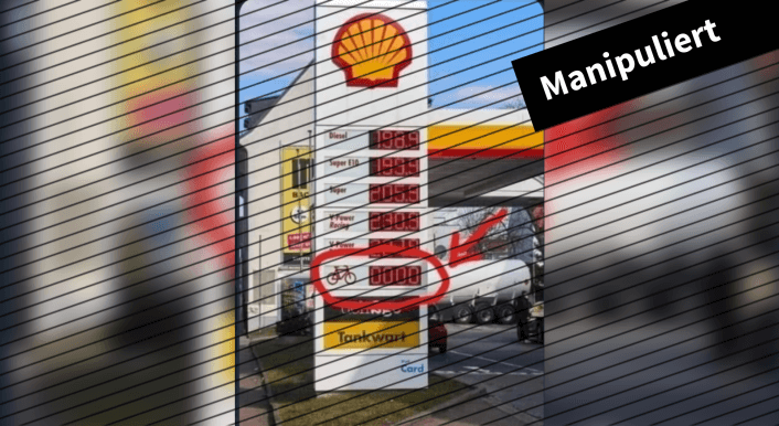 Dieses manipulierte Foto einer Tankstelle kursiert aktuell in Sozialen Netzwerken (Quelle: Telegram / Screenshot und Collage: CORRECTIV.Faktencheck)