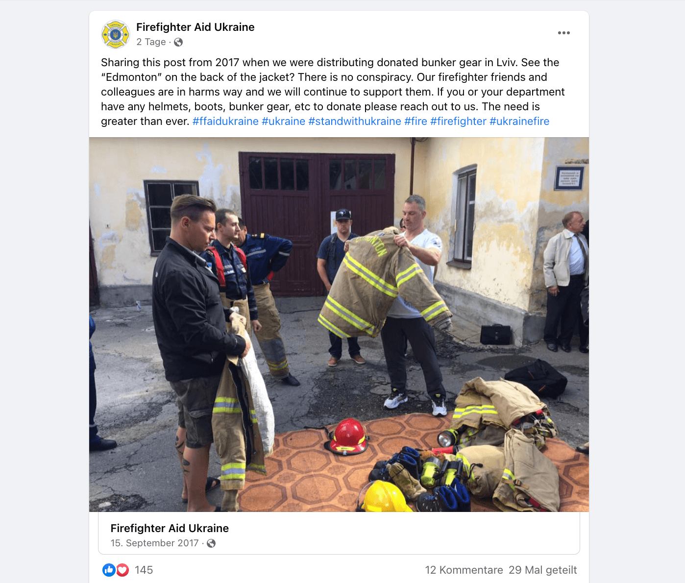 Die kanadische Hilfsorganisation Firefighter Aid Ukraine stellte auf Facebook klar, dass sie Ausrüstung nach Lwiw gespendet hat (Quelle: Facebook; Screenshot am 31. März 2022: CORRECTIV.Faktencheck)