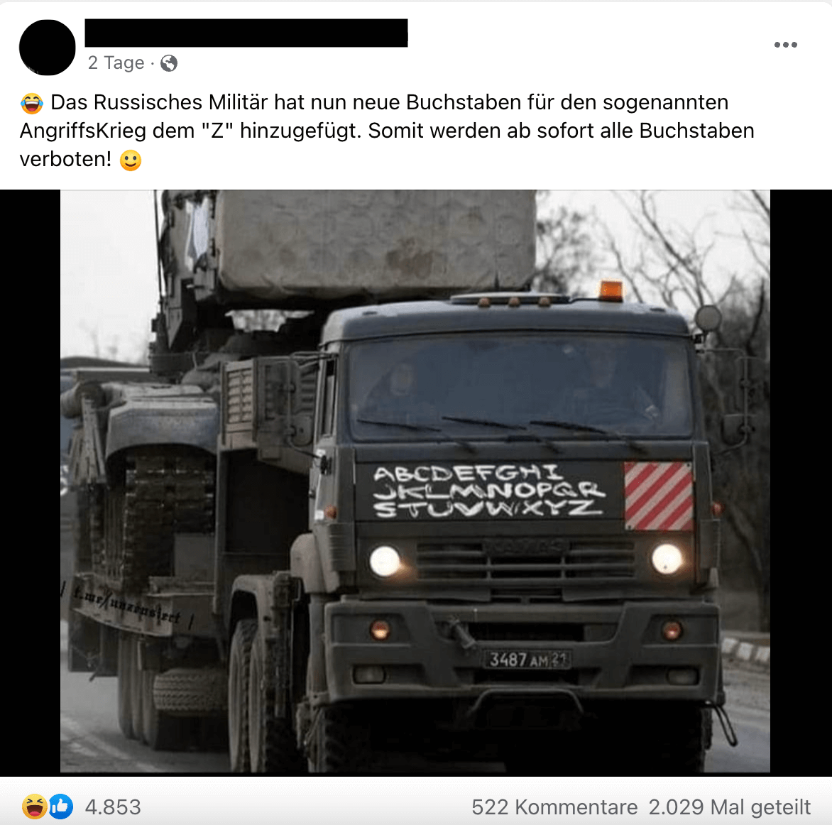Auf Facebook verbreitet sich das manipulierte Bild eines russischen Militärtransporters