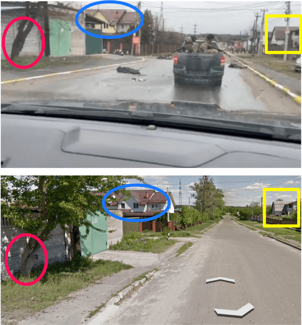 Dass es sich bei den Aufnahmen um eine Straße in Butscha handelt, lässt sich mit einem Vergleich von Aufnahmen bei Google Maps bestätigen 