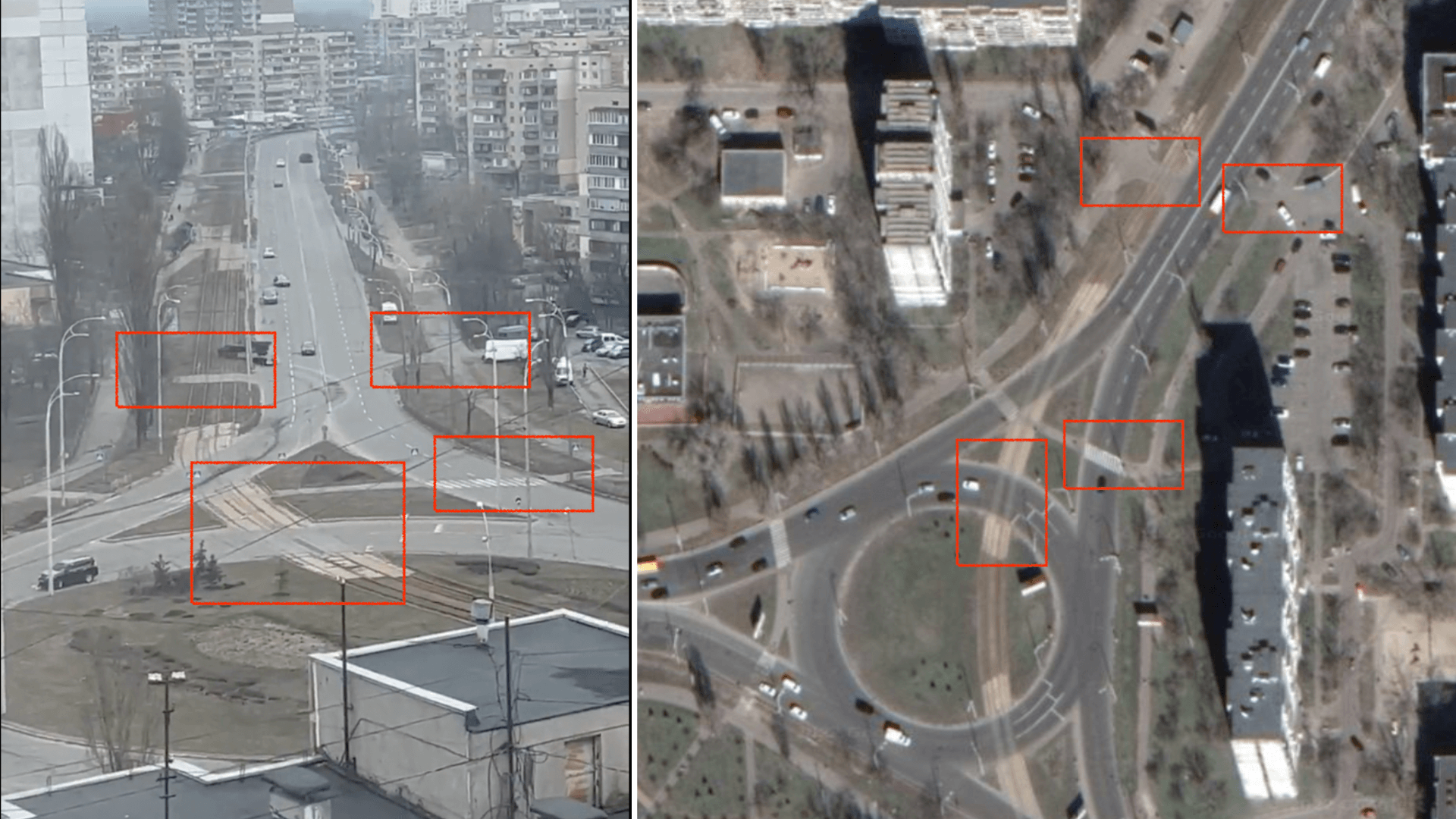 Anhand eines markanten Kreisverkehrs und dem Verlauf von Straßenbahnschienen und Fußgängerüberwegen konnten wir verifizieren, dass die Aufnahmen tatsächlich in Kiew entstanden sind