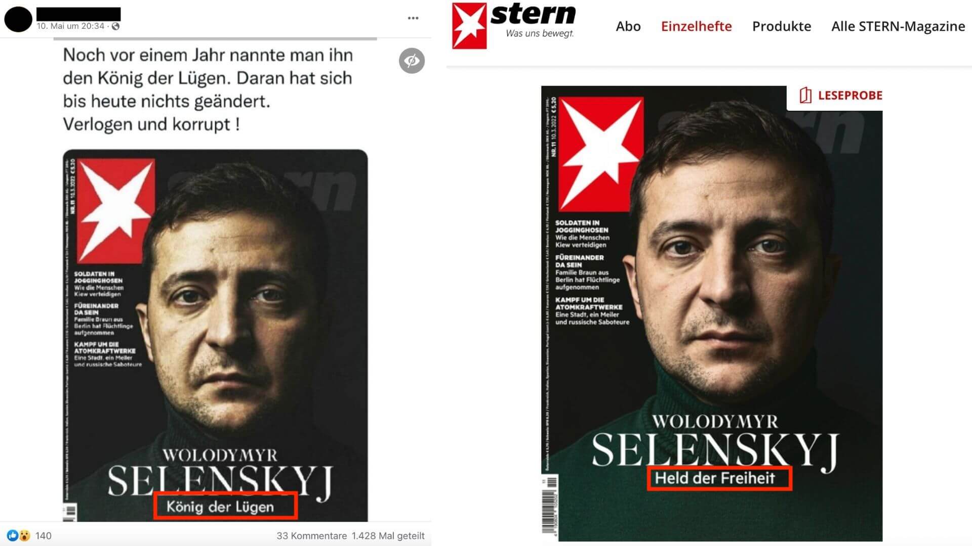 Auf Facebook und Twitter verbreitet sich ein manipuliertes Titelblatt des Magazins Stern (links). Das Magazin nannte Selenskyj in seiner Ausgabe (rechts) jedoch „Held der Freiheit“