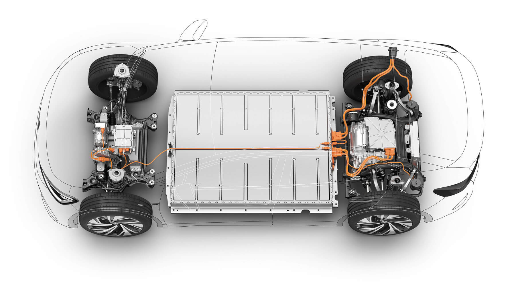 Technische Zeichnung eines E-Autos mit Blick in den Innenraum und die Hochvoltverkabelung