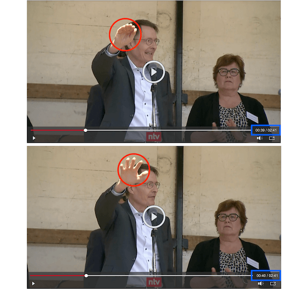 Zwei Screenshots des Videos von NTV, auf denen die gesamte Handbewegung erkennbar ist