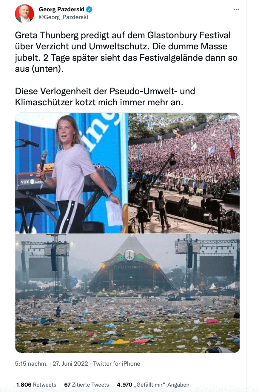 Georg Pazderskis Tweet über Thunberg auf dem Glastonbury Festival