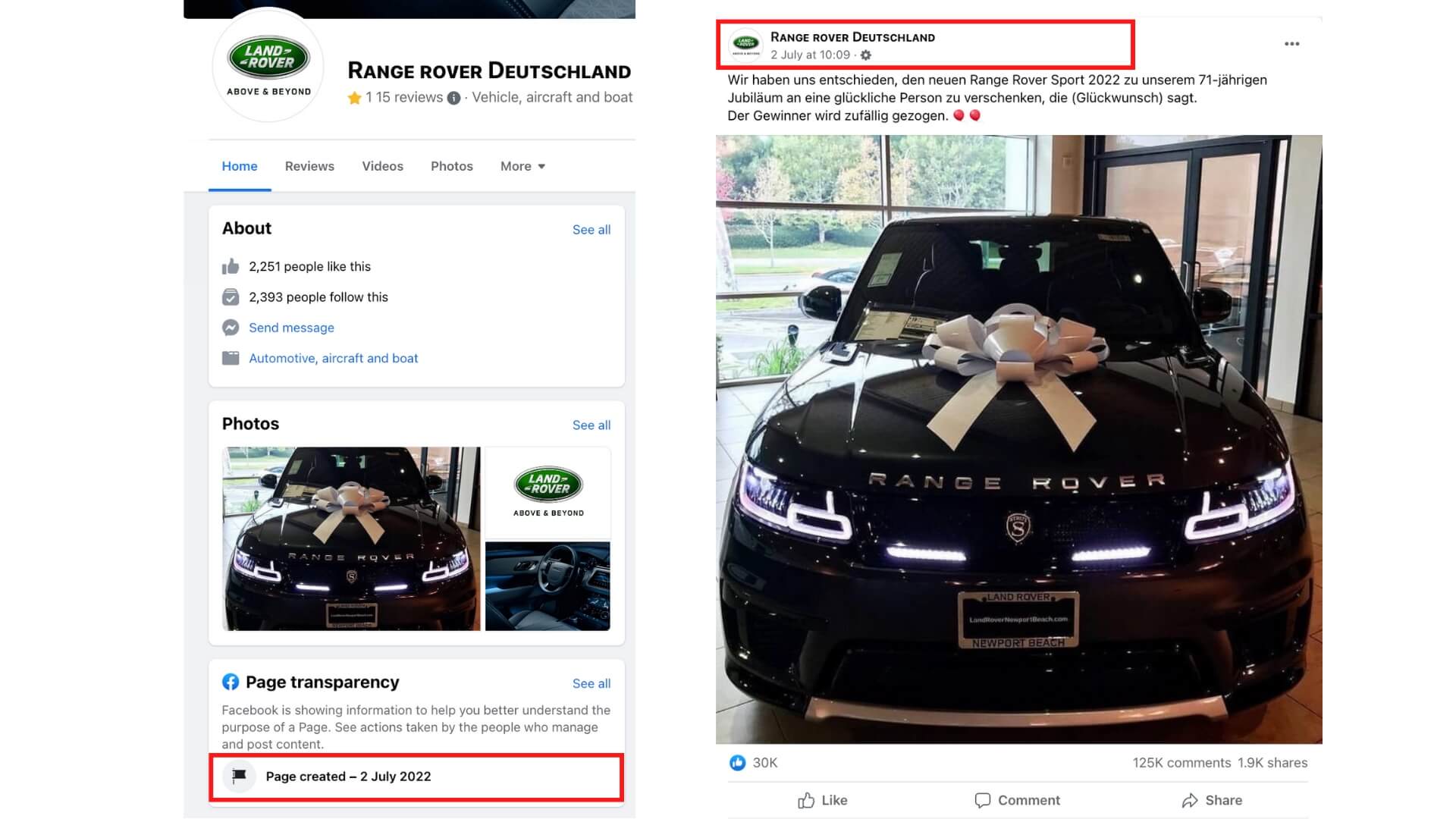 Die gefälschten Profile gibt es erst seit kurzem, sie veröffentlichten direkt nach ihrer Erstellung das angebliche Gewinnspiel. Anders als das offizielle Facebook-Profil Jaguar Land Rover haben sie zudem keinen blauen Haken.