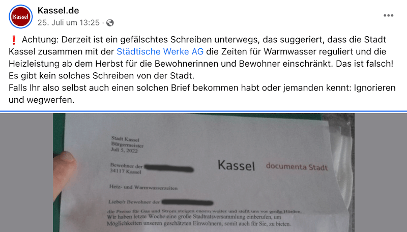 Facebook-Post Stadt Kassel Dementi gefälschter Brief