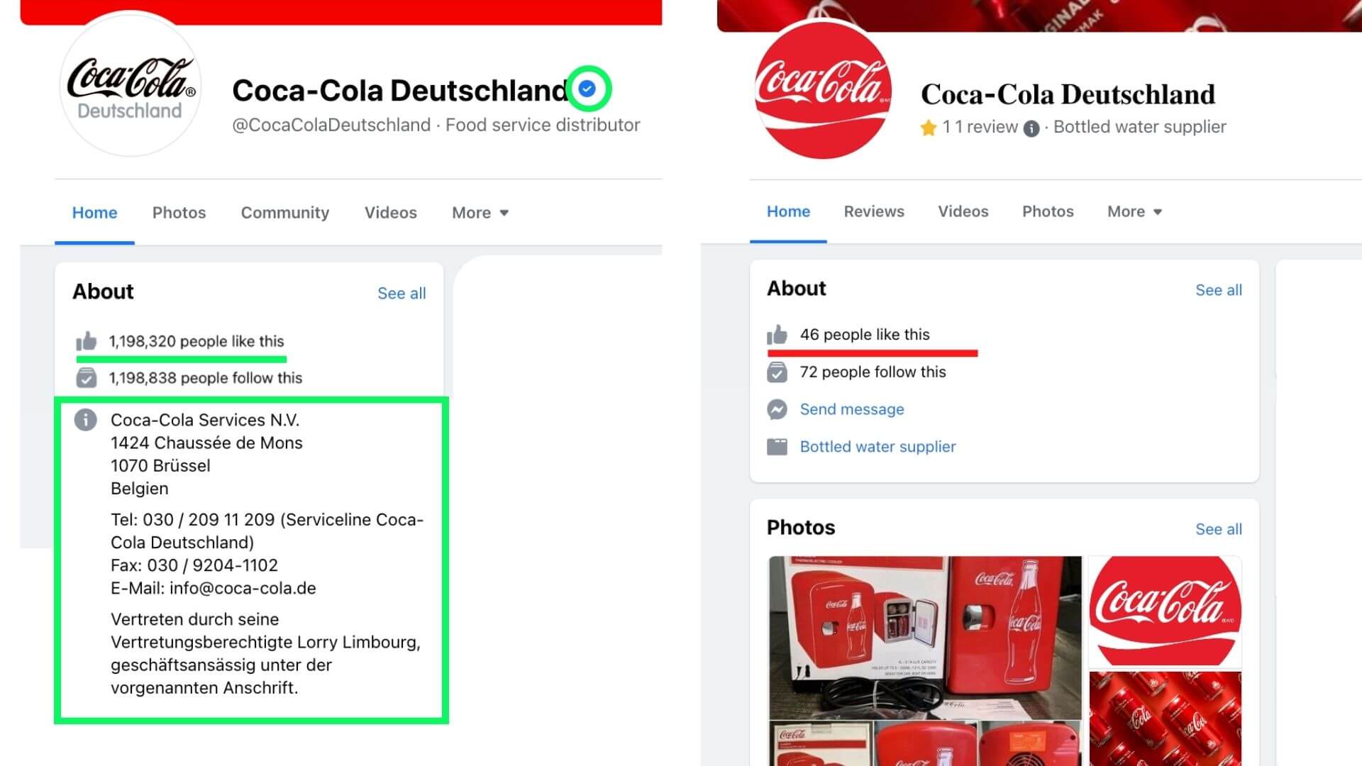 Das echte Coca-Cola-Profil auf Facebook ist verifiziert und hat ein Impressum (links), das Fake-Profil hingegen nicht und deutlich weniger „Gefällt mir“-Angaben
