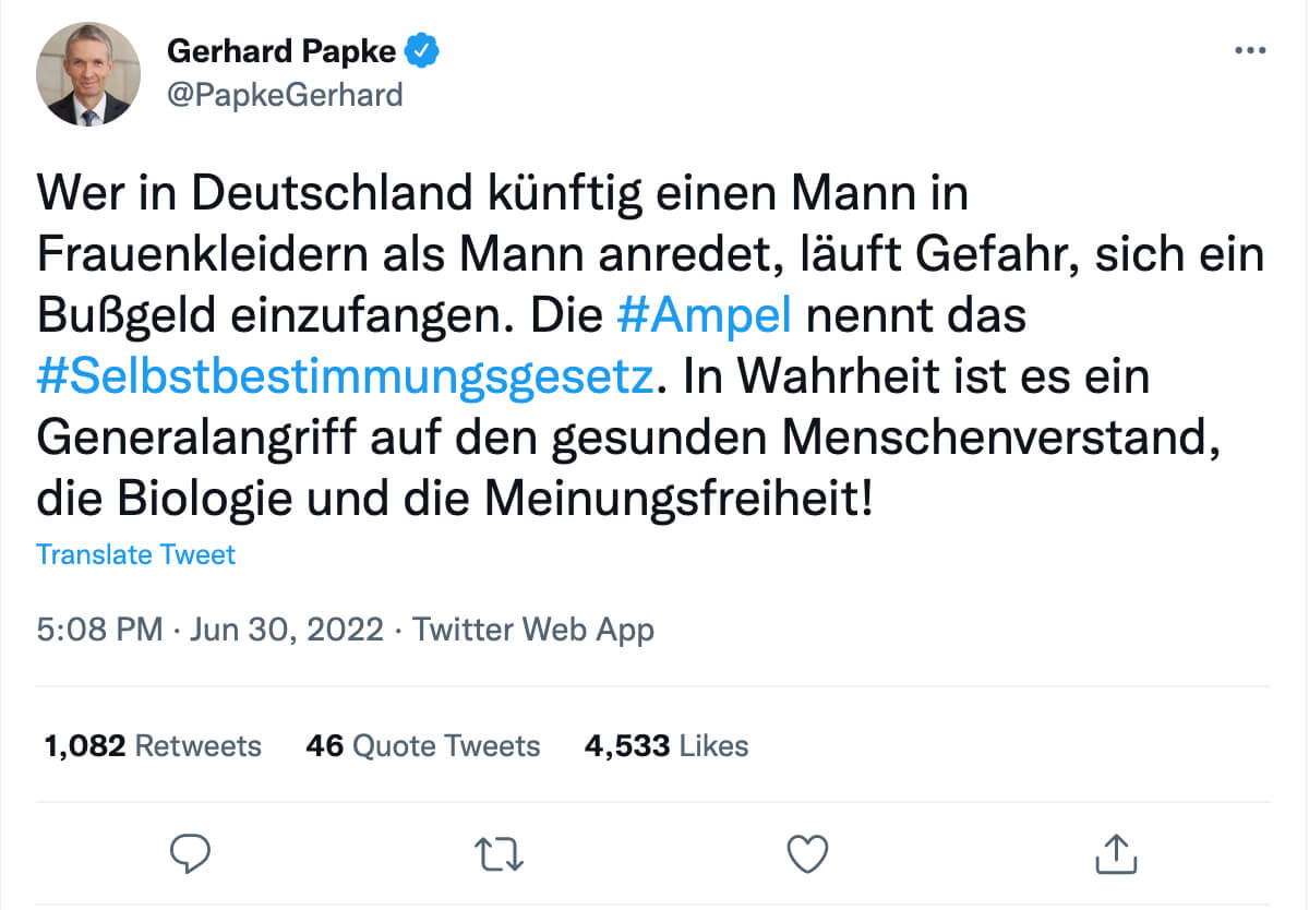 Gerhard Papke, ehemaliger Vorsitzender der FDP-Landtagsfraktion in NRW, veröffentlichte einen Tweet zum Gesetzentwurf „Selbstbestimmungsgesetz“. Der Behauptung fehlt wesentlicher Kontext.