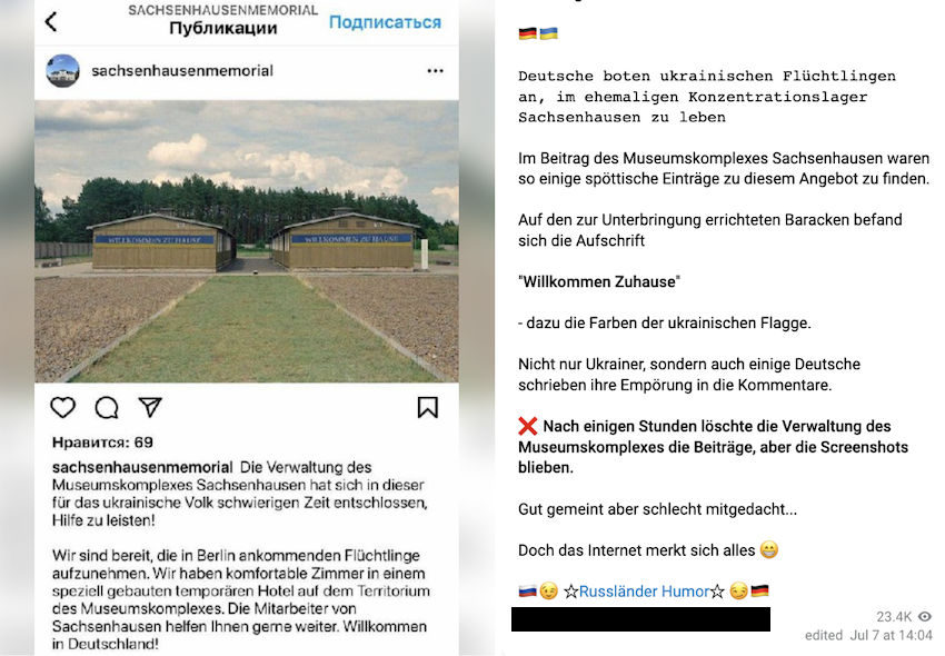 Links der gefälschte Instagram-Beitrag der Gedenkstätte Sachsenhausen, rechts daneben der Kommentar des Telegram-Kanals, der die Behauptung verbreitet