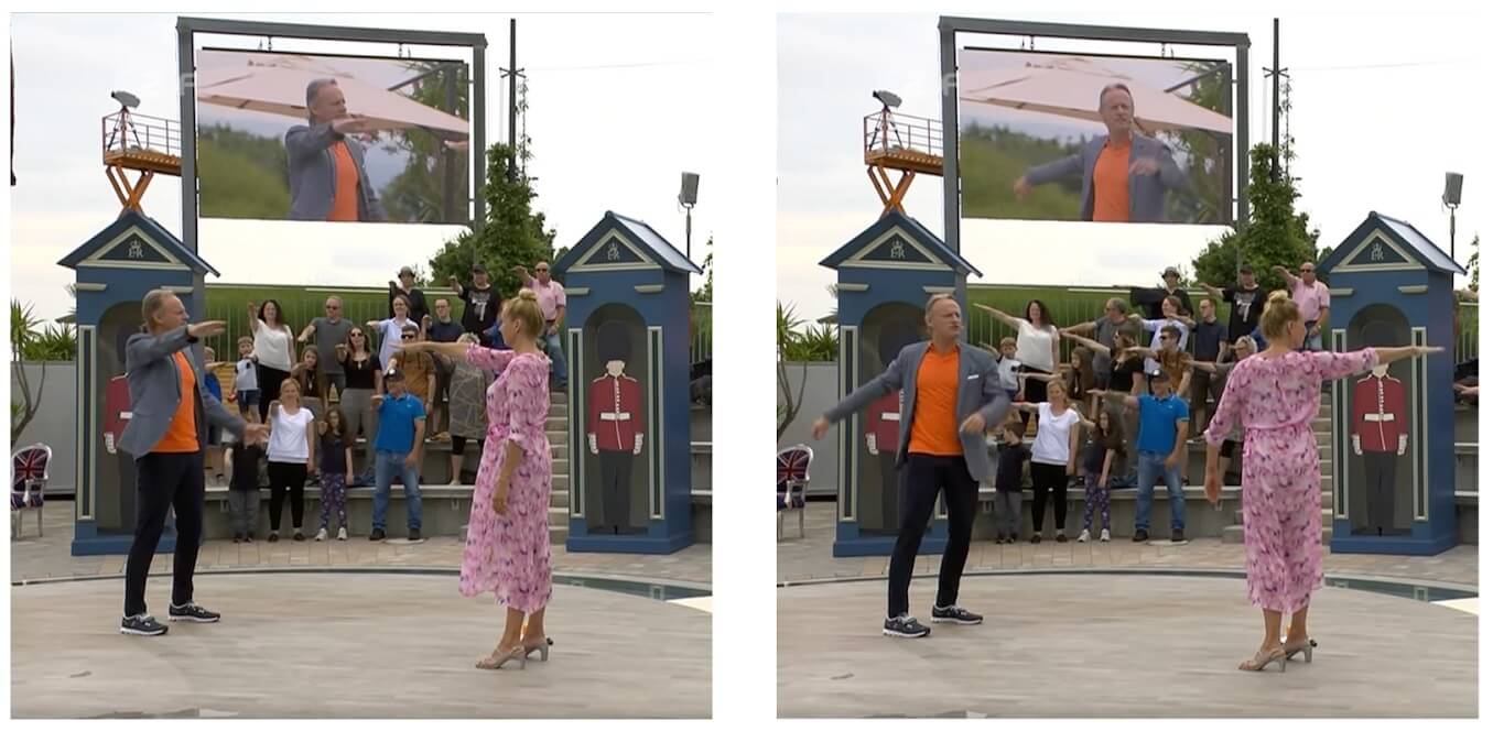 Auf den vollständigen Videoaufnahmen der Sendung „ZDF-Fernsehgarten“ vom 5. Juni 2022 ist zu erkennen, dass Mentalcoach Thomas Baschab (links) und Moderatorin Andrea Kiewel (rechts) ihre Arme von vorne nach hinten bewegen.