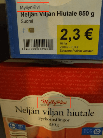 Foto der Vierkornflocken aus Finnland mit angeblichem Preisschild