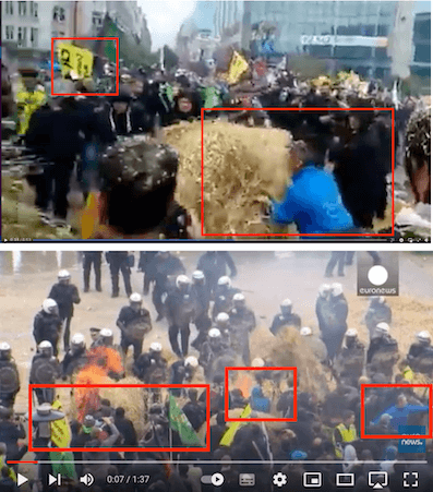 Der Ausschnitt oben zeigt das Video, das angeblich aus den Niederlanden stammt. Das Video von Euronews im Ausschnitt unten stammt aus Brüssel, zeigt aber wie oben Demonstrierende mit grünen und gelben Schildern mit schwarzer Schrift sowie einen Mann in blauer Jacke.