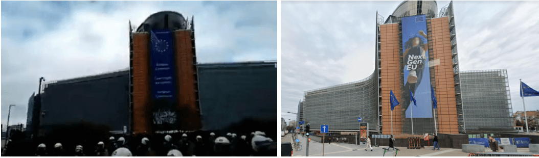Links das Berlaymont-Gebäude im kursierenden Video, rechts dasselbe Gebäude bei Google Maps