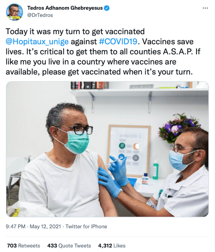 Twitter-Beitrag von Tedros zu seine Impfung