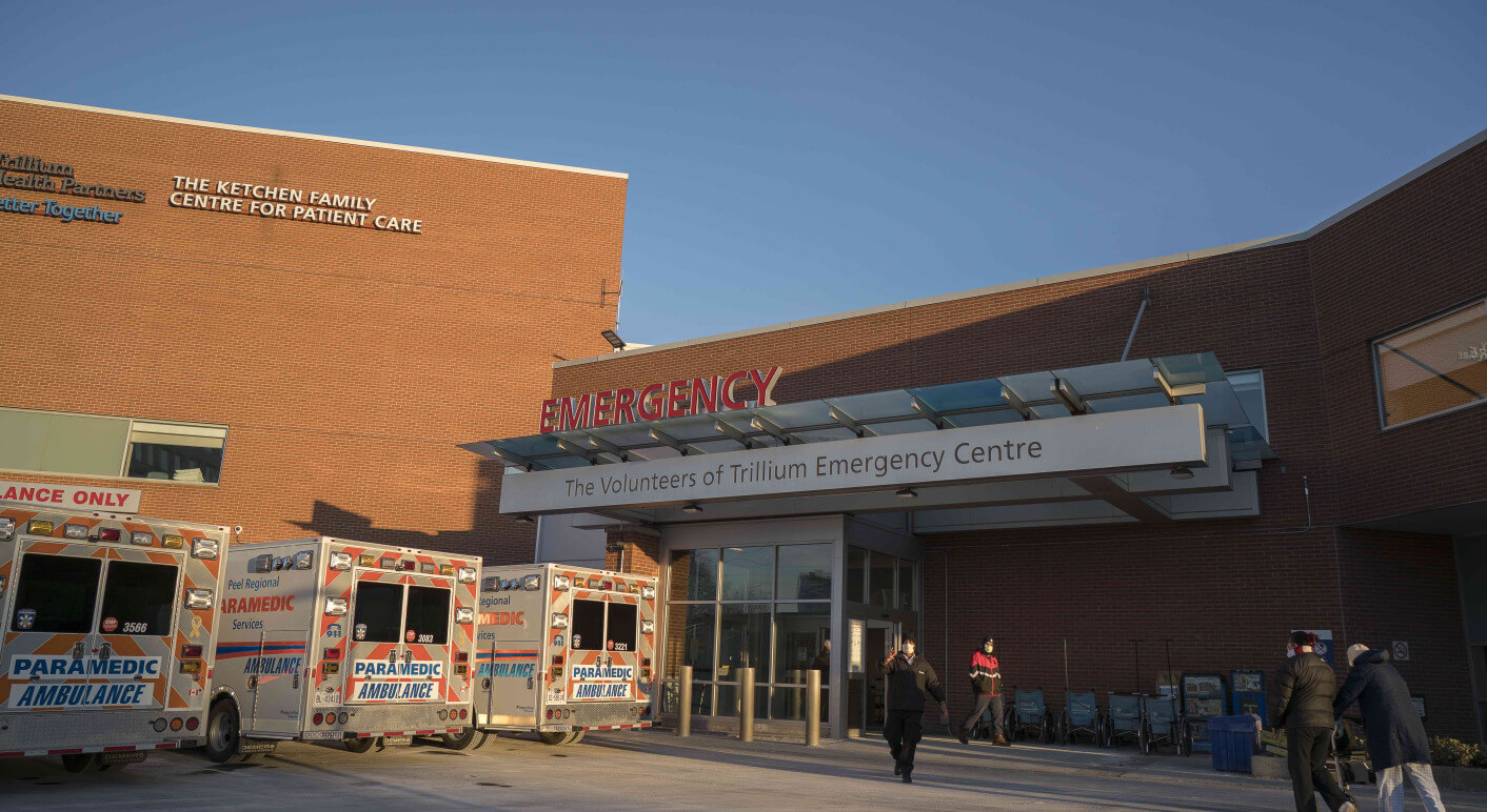 5 Ambulances sit outside Mississauga Trillium Health Partners-Queensway hospital
