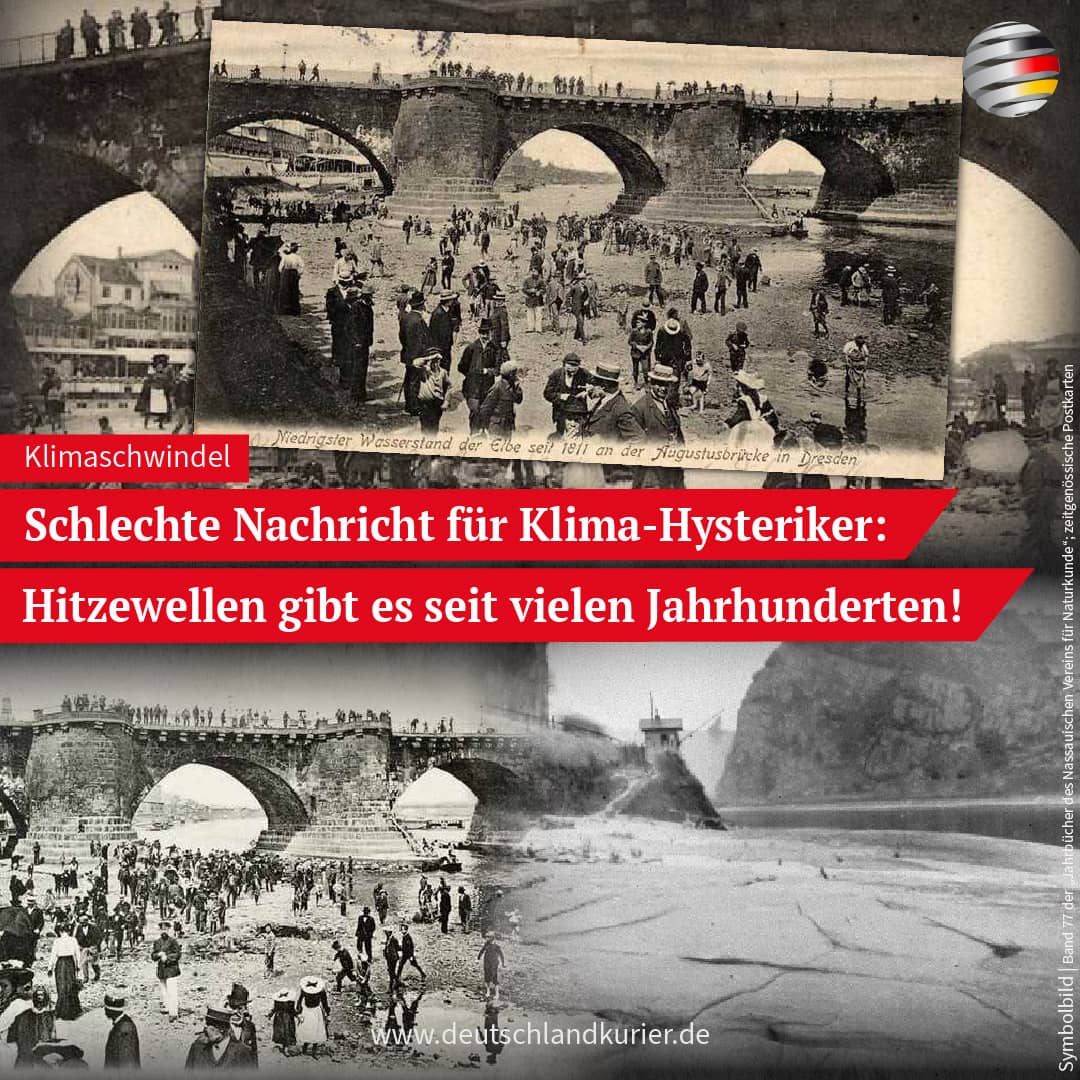 Der Facebook-Beitrag vom Deutschland-Kurier zeigt drei historische Aufnahmen der Elbe aus dem Jahr 1904 und eine Aufnahme der Loreley am Rhein im Jahr 1921 unten rechts.