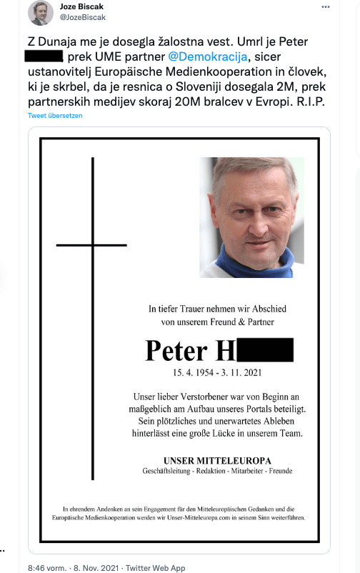 ein Tweet mit einem Nachruf auf Peter H.