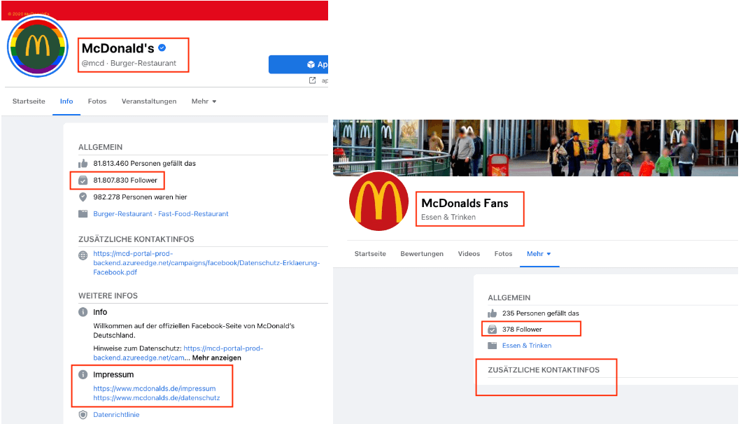 Screenshots der echten und der gefälschten Facebook-Seite von McDonald's