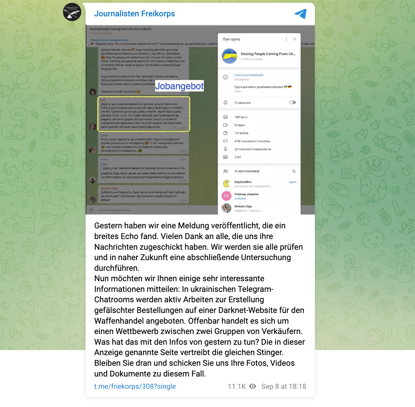 Der Telegram-Beitrag von „Journalisten Freikorps“ vom 8. September, demnach in einem ukrainischen Kanal für Geflüchtete in Berlin ein Job-Angebot im Zusammenhang mit Waffenschmuggel geteilt worden sein soll (Quelle: Telegram/„Journalisten Freikorps“; Screenshot: CORRECTIV.Faktencheck) 