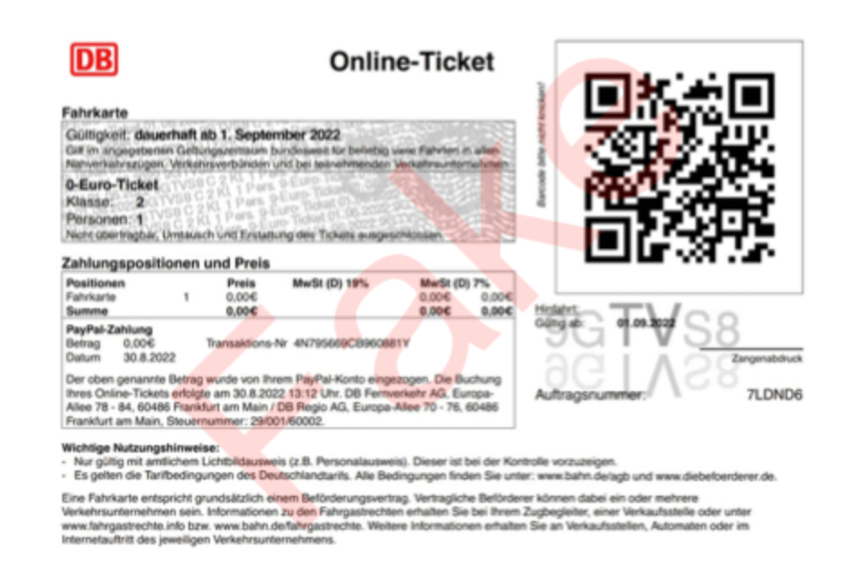 Dieses angebliche Null-Euro-Ticket, das sich laut DPA über eine gefälschte Webseite generieren ließ, ist nicht gültig. Wer damit fährt, begeht laut Angaben der Polizei eine Straftat.