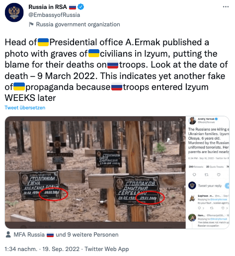 Russische Botschaft Twitter Isjum Behauptung