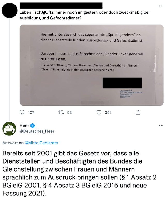 Screenshot Twitter Schreiben Bundeswehr Gendern