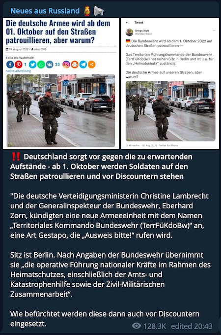 Telegram-Beitrag Bundeswehr auf den Straßen