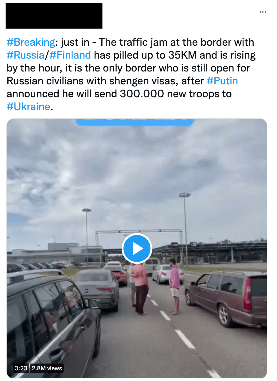 Auf Twitter wird ein Video geteilt, das angeblich den Stau vom 21. September an der Grenze zwischen Russland und Finnland zeige. Doch das Video ist veraltet und stammt vom 29. August.