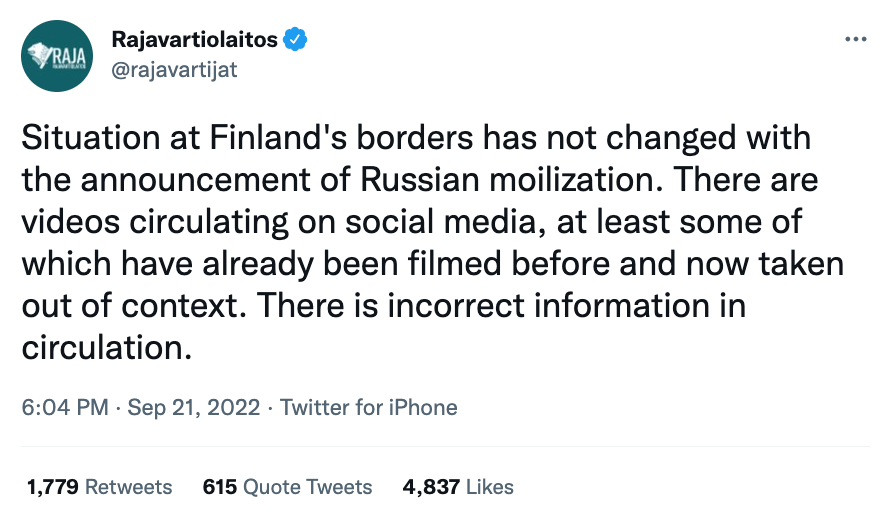 Die finnische Grenzschutzbehörde erklärte am Abend des 21. September, dass sich die Situation an der Grenze zwischen Russland und Finnland nicht verändert habe