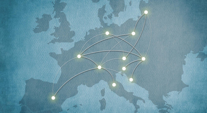 eine Karte von Europa mit vernetzten Punkten