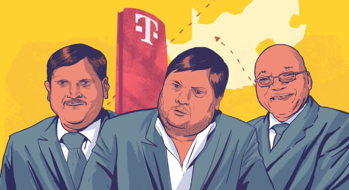Illustration der Gupta-Brüder, Jacob Zuma und dem Symbol der Deutschen Telekom.